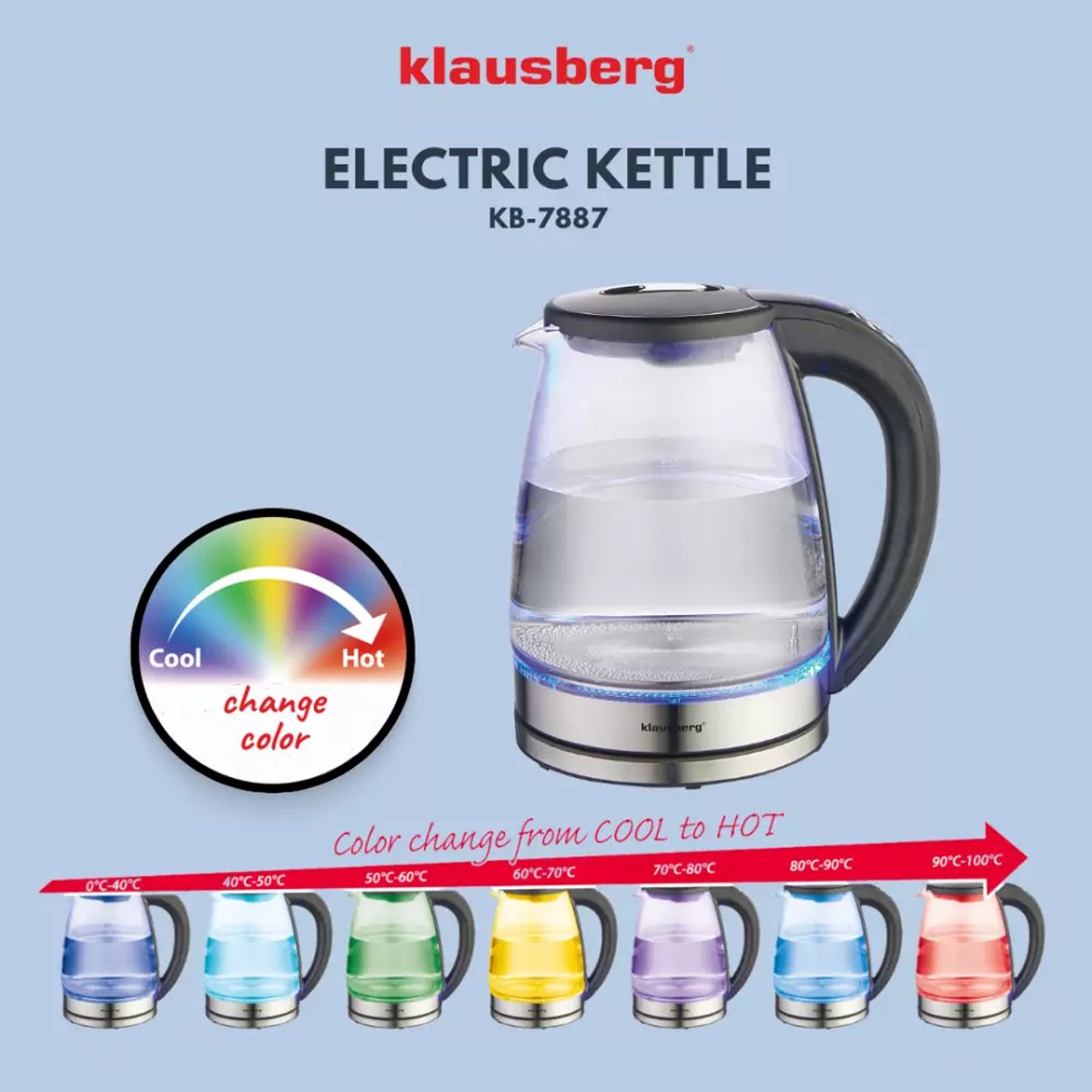 Klausberg KB7887 elektrische waterkoker 1,8 L, glas, RGB-led (7)