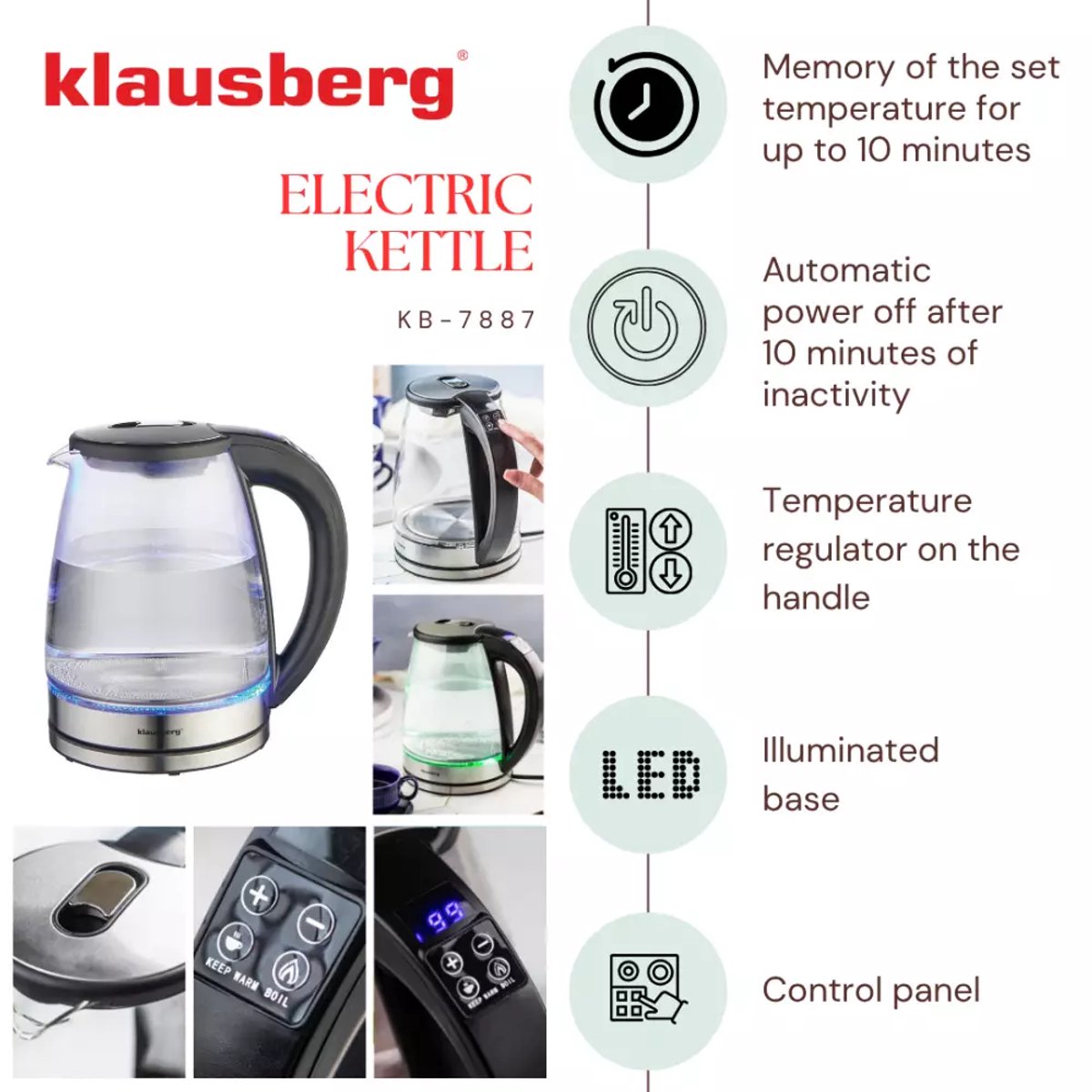 Klausberg KB7887 elektrische waterkoker 1,8 L, glas, RGB-led (8)