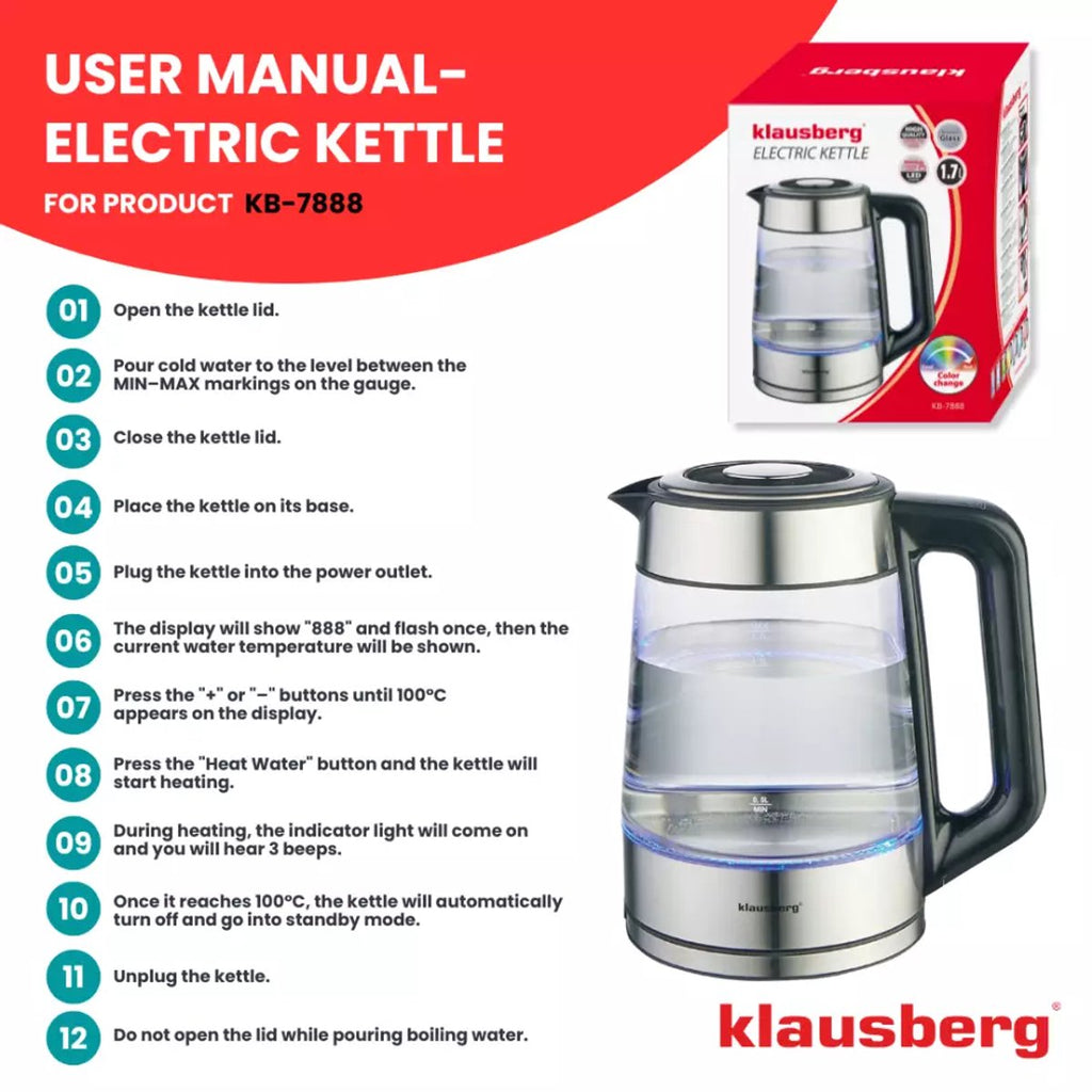 Klausberg KB7888 elektrische waterkoker 1,7 L, glas, RGB-led (8)