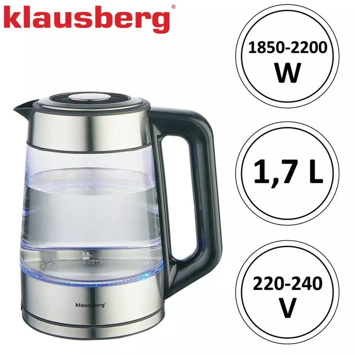 Klausberg KB7888 elektrische waterkoker 1,7 L, glas, RGB-led (6)