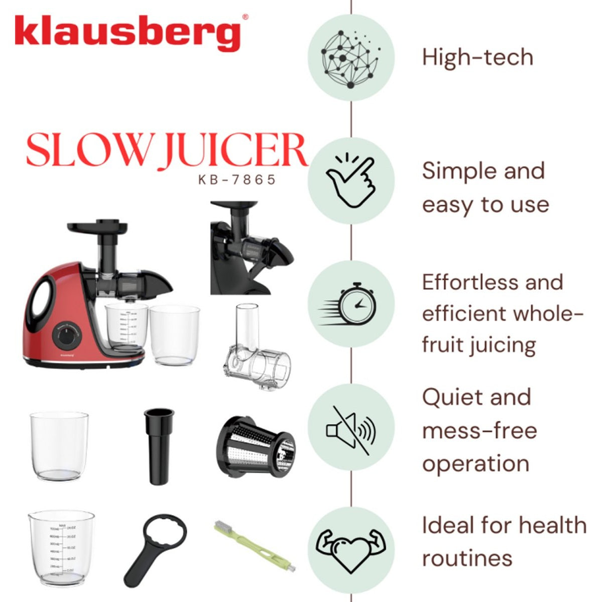 Klausberg KB-7865 slowjuicer 150 W, 700 ml, kersenrood (7)