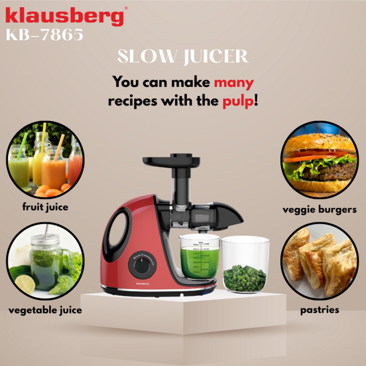 Klausberg KB-7865 slowjuicer 150 W, 700 ml, kersenrood (8)