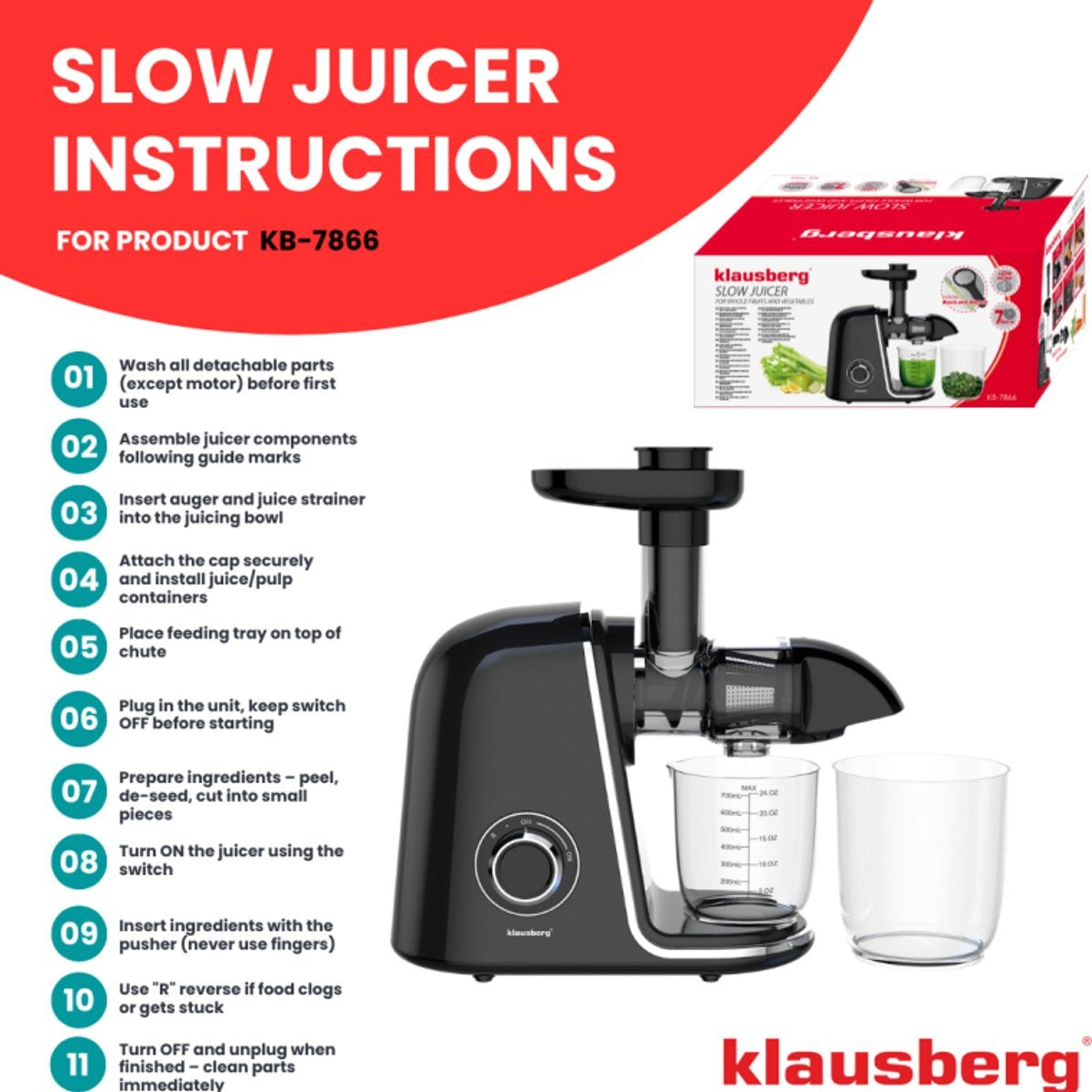 Klausberg KB-7866 slowjuicer 150 W, zwart met zilver (3)