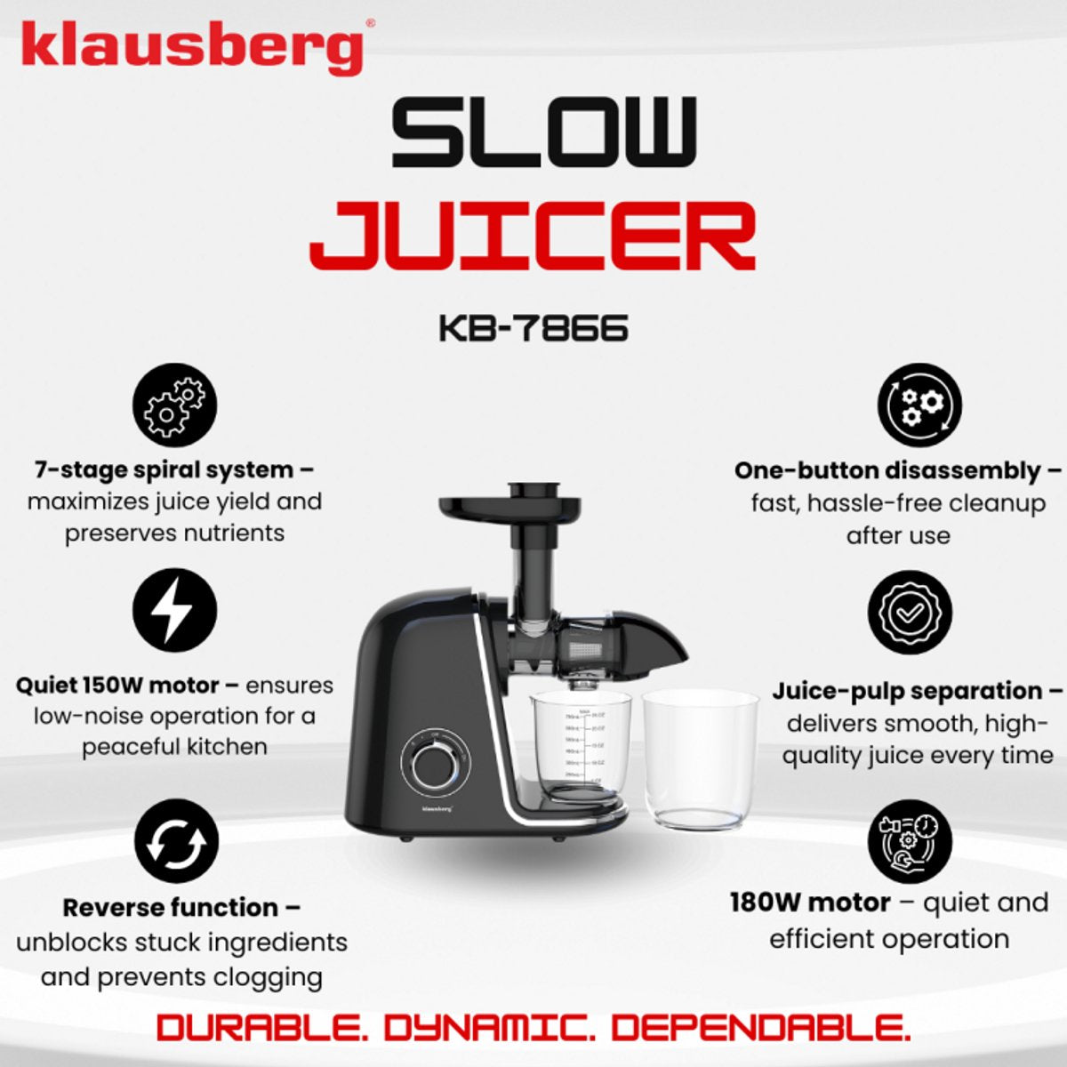 Klausberg KB-7866 slowjuicer 150 W, zwart met zilver (6)