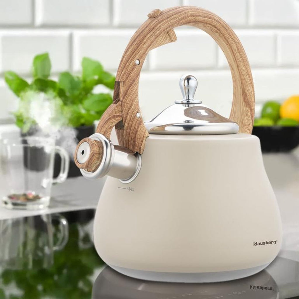 Klausberg fluitketel 2,8 L, rvs, beige met houtlook handvat (3)
