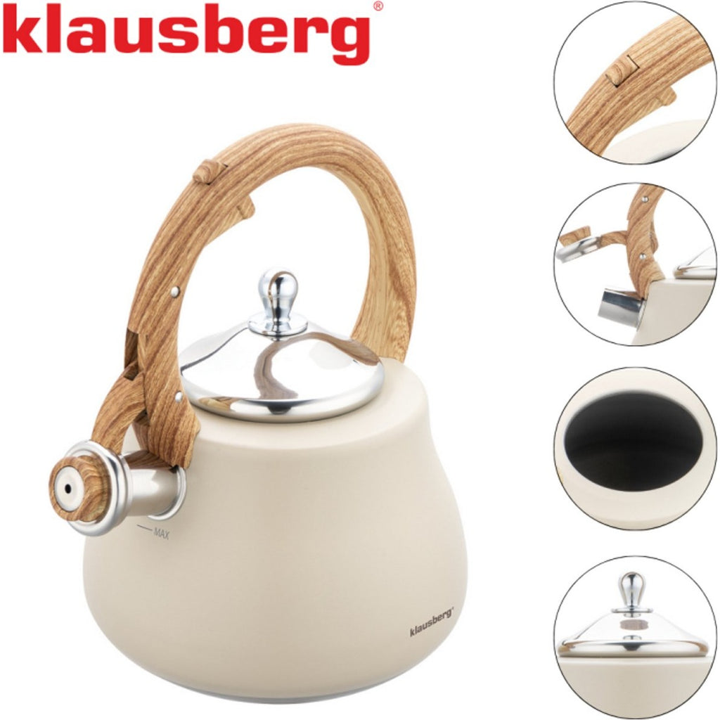 Klausberg fluitketel 2,8 L, rvs, beige met houtlook handvat (4)