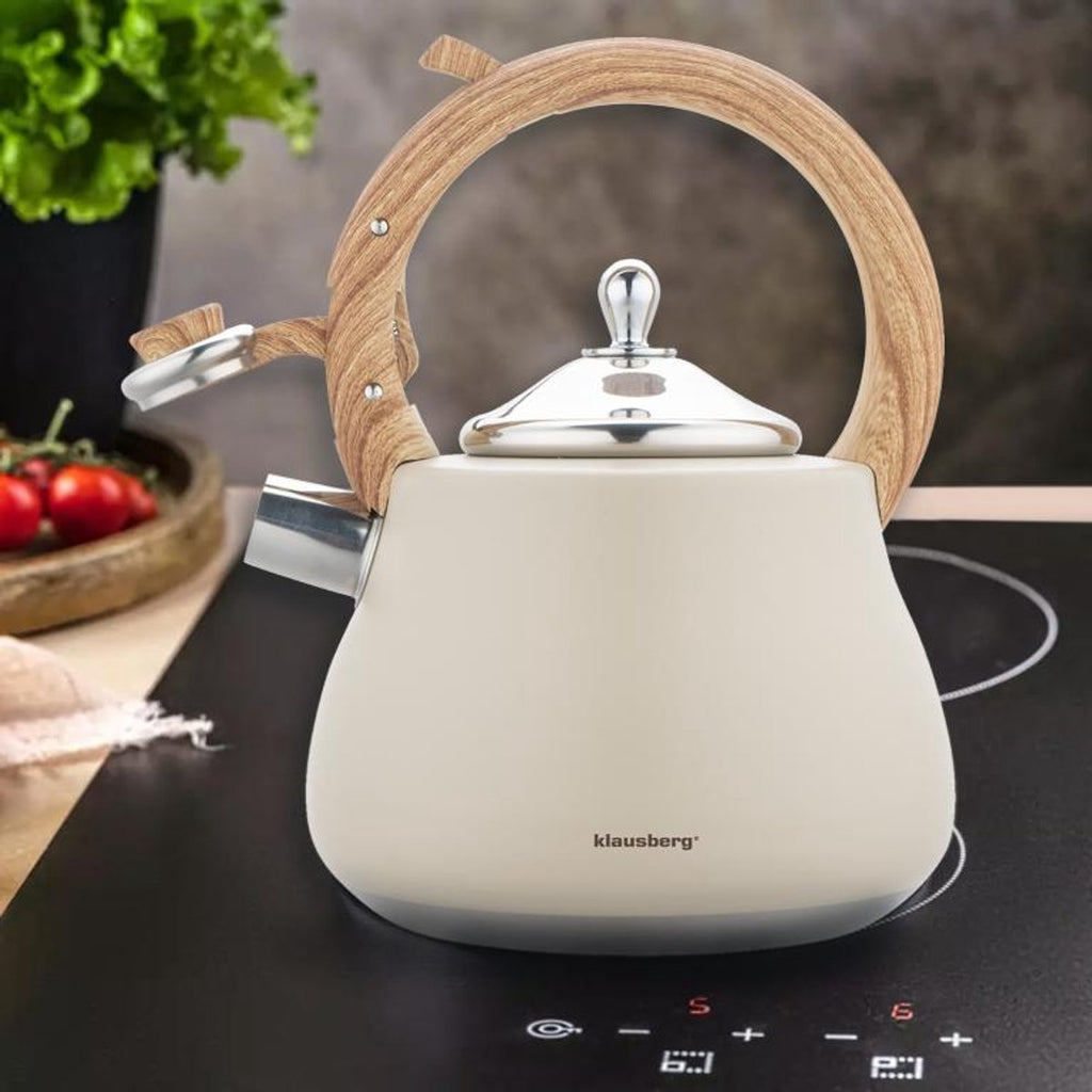 Klausberg fluitketel 2,8 L, rvs, beige met houtlook handvat (2)