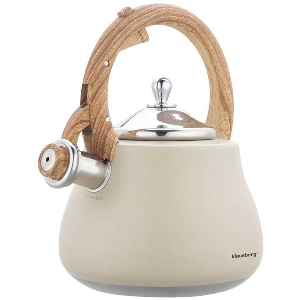 Klausberg fluitketel 2,8 L, rvs, beige met houtlook handvat