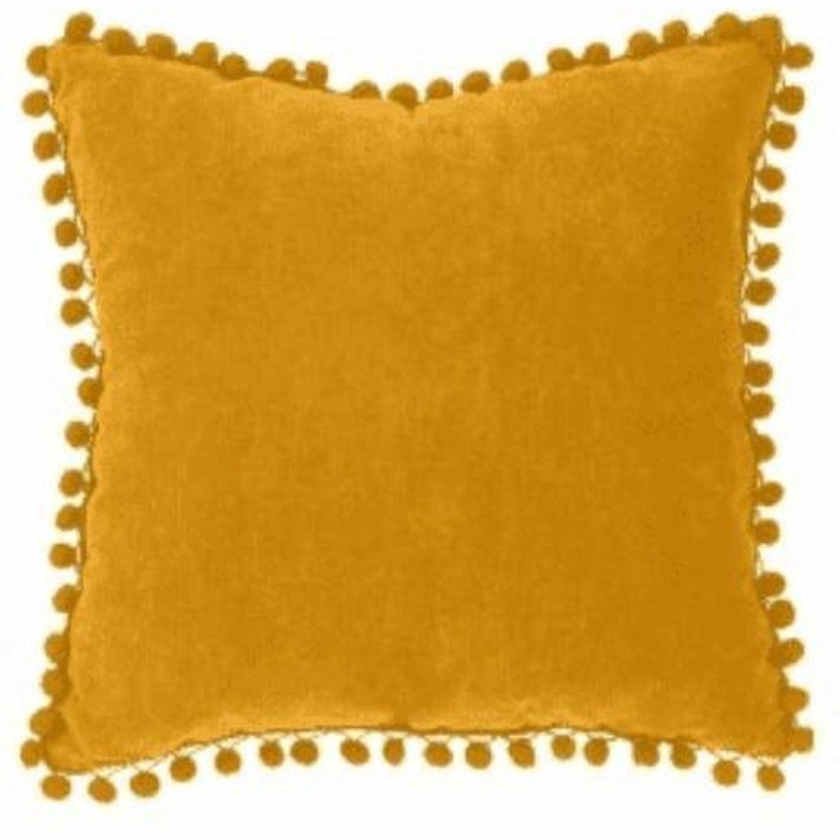 Pompon sierkussen van velvet, okergeel, 40 x 40 cm