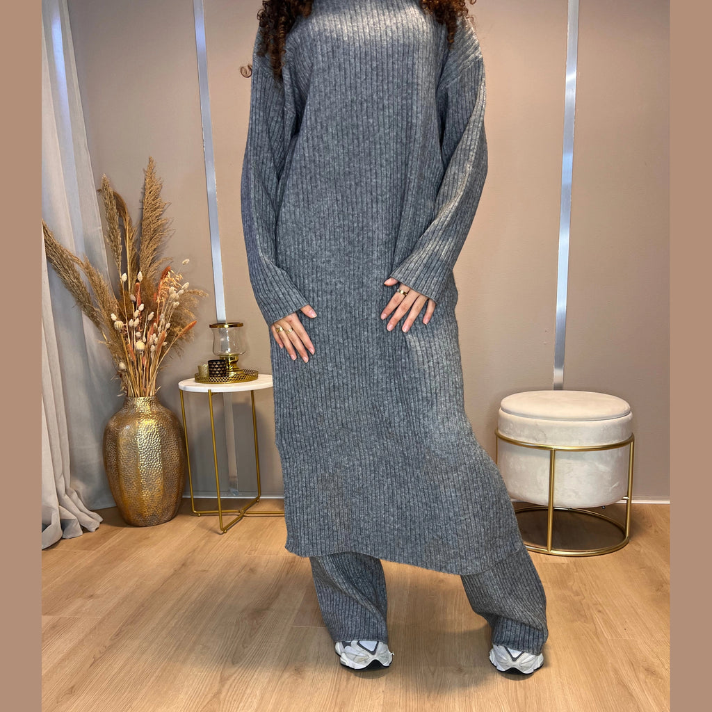 Lisa twinset ribgebreide midi-jurk en broek, antraciet