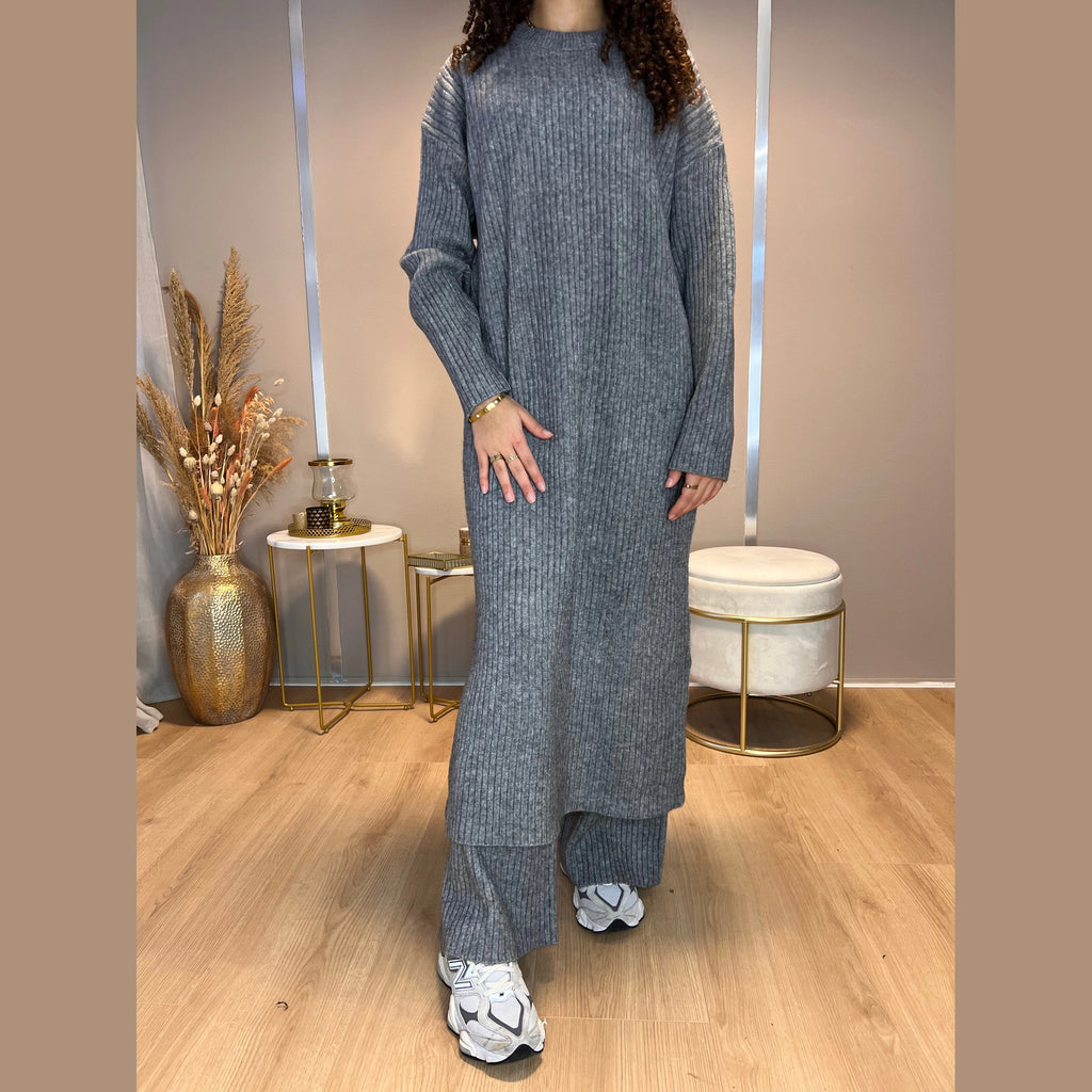 Lisa twinset ribgebreide midi-jurk en broek, antraciet (2)