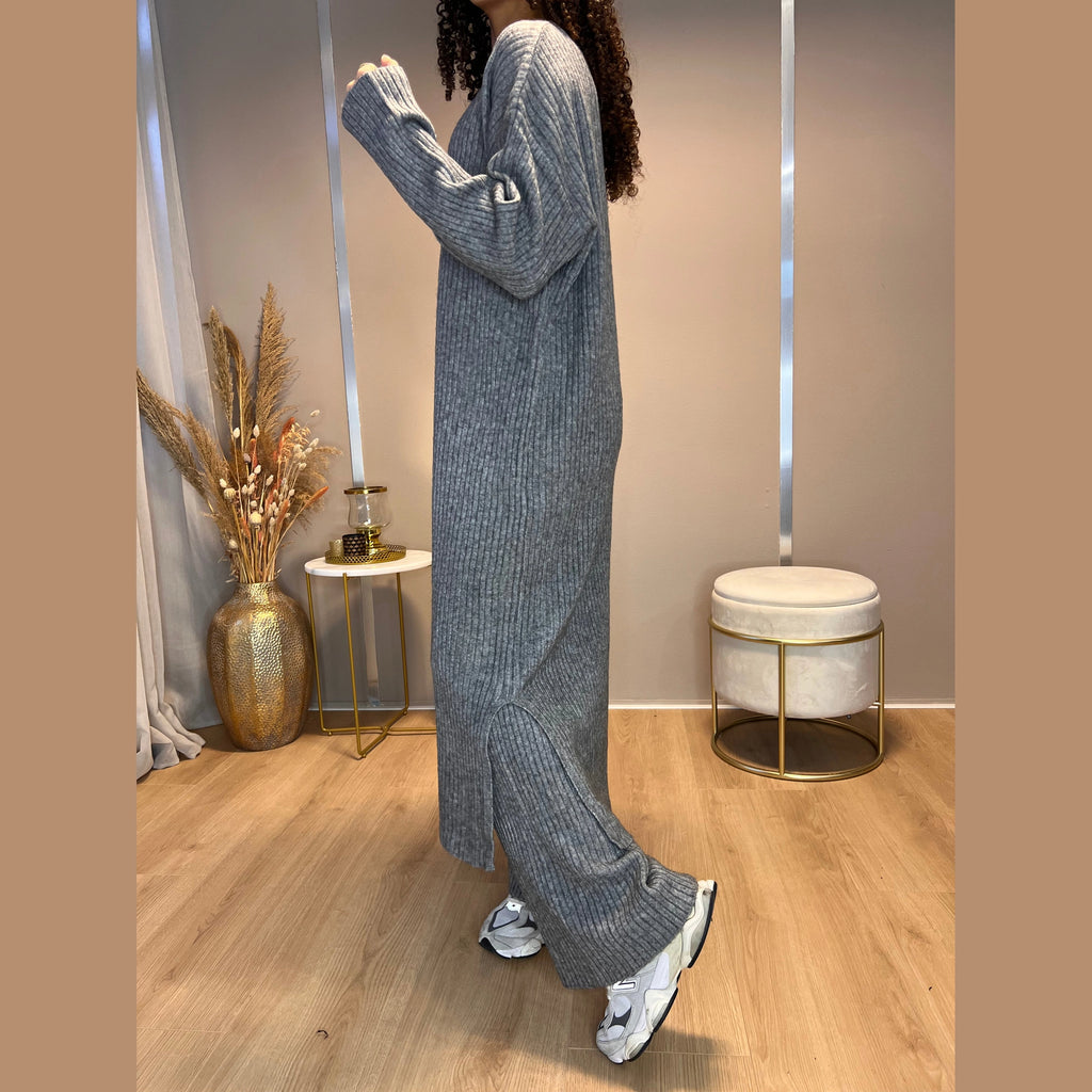 Lisa twinset ribgebreide midi-jurk en broek, antraciet (3)