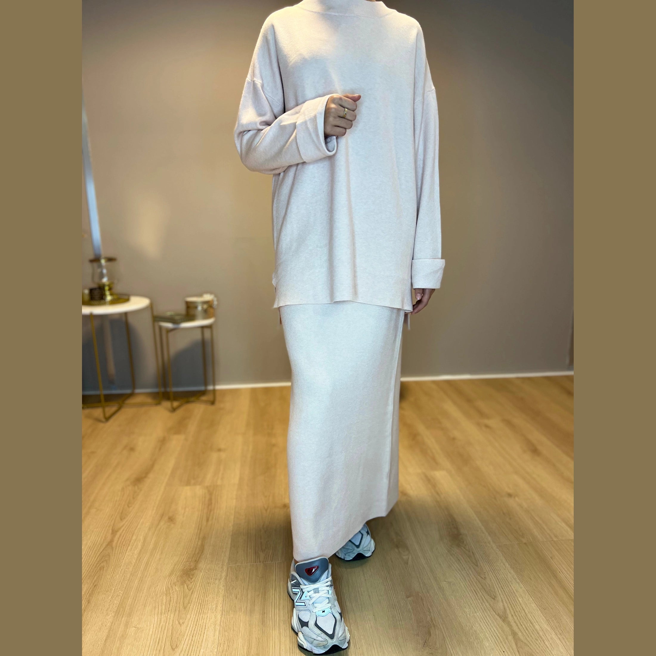 Liva twinset lange trui met splits en rok, zalm (2)