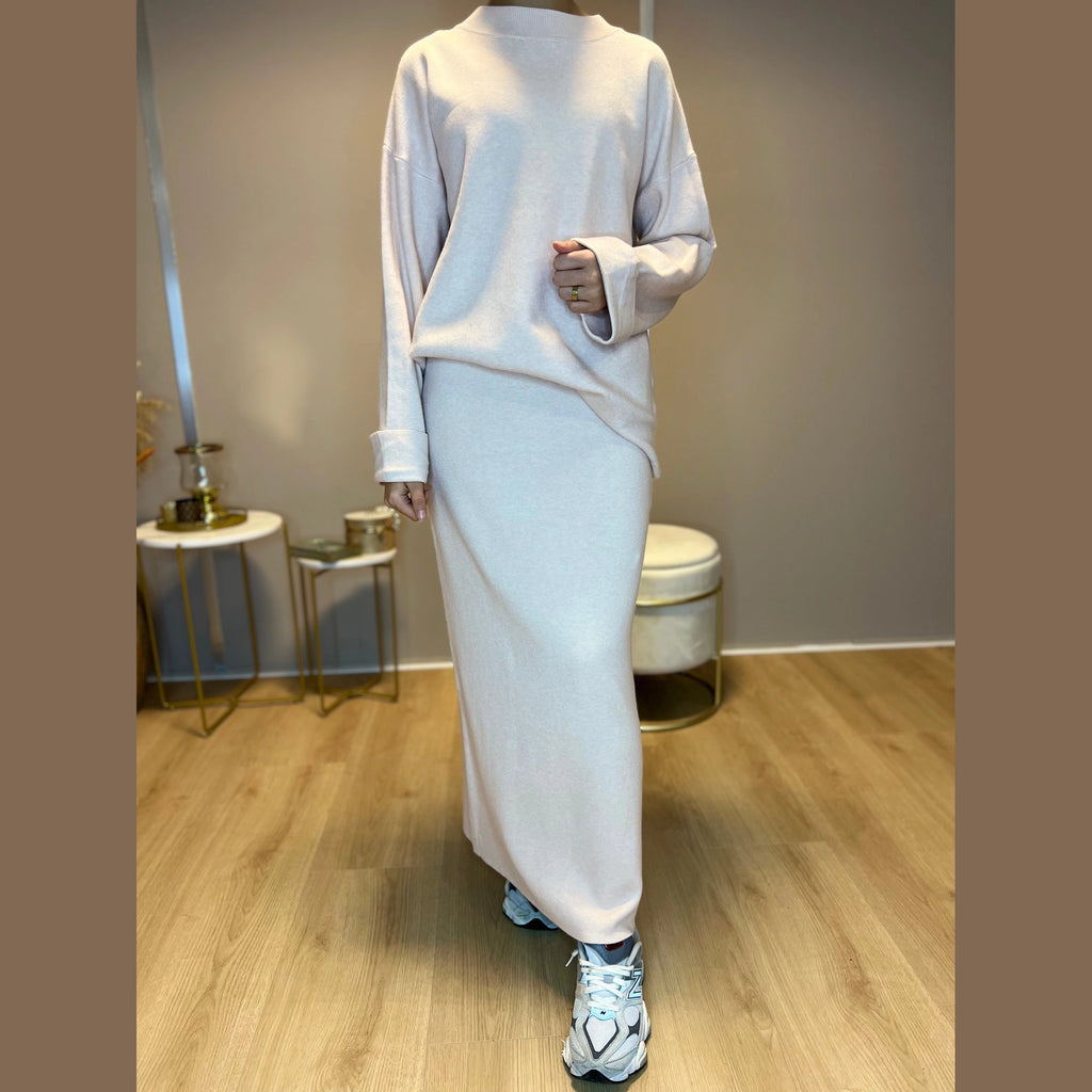 Liva twinset lange trui met splits en rok, zalm (3)
