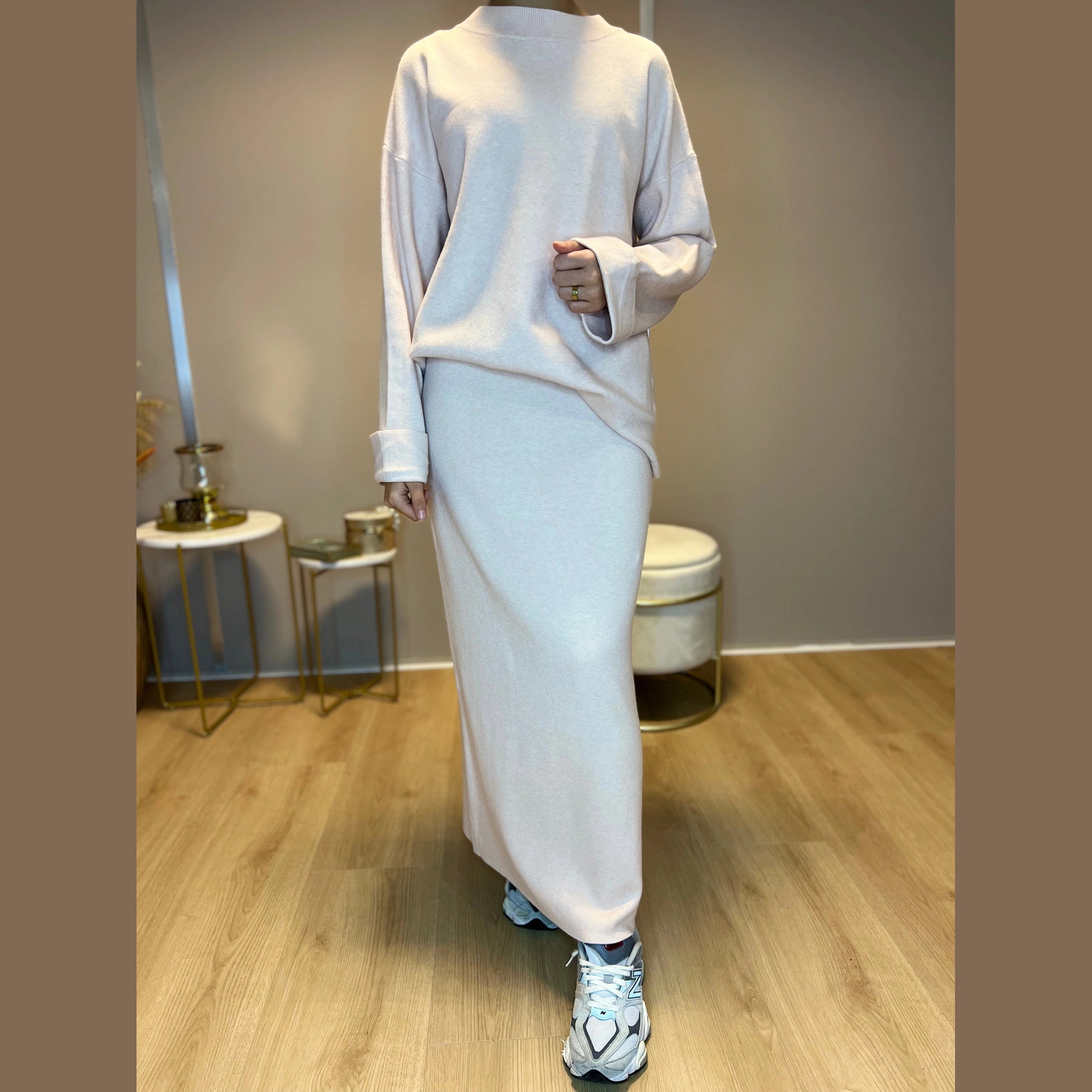 Liva twinset lange trui met splits en rok, zalm (3)
