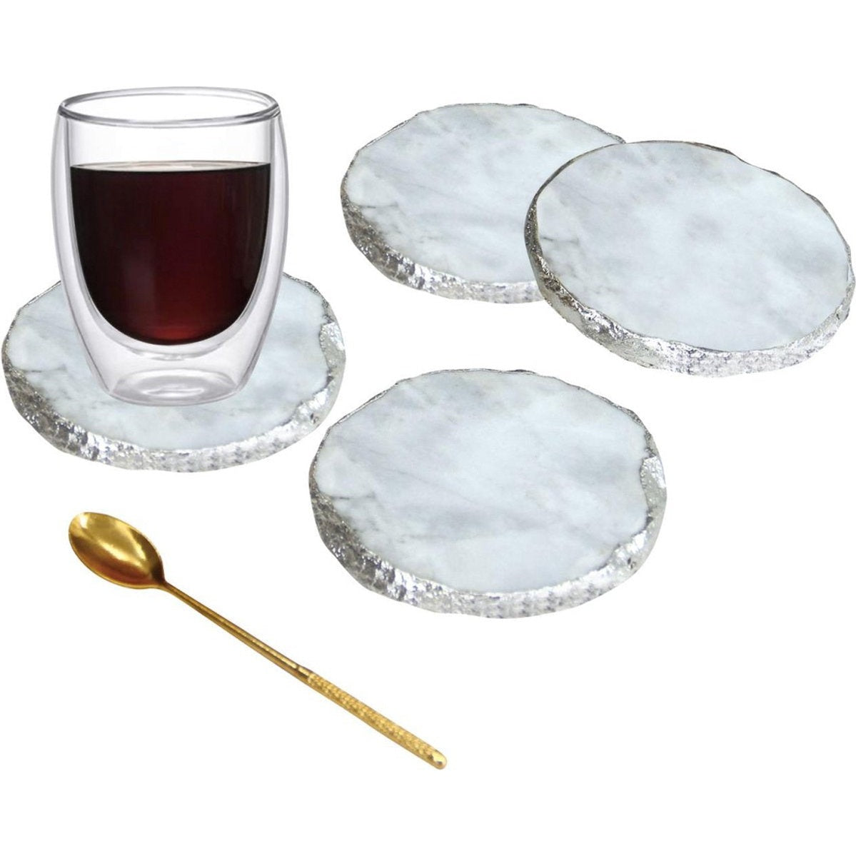 Marmer Onderzetters 4-delig - onderzetters voor glazen - marmer onderlegger - luxe onderzetter(set) wit - zilver