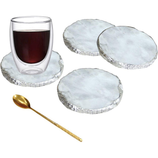 Marmer Onderzetters 4-delig - onderzetters voor glazen - marmer onderlegger - luxe onderzetter(set) wit - zilver