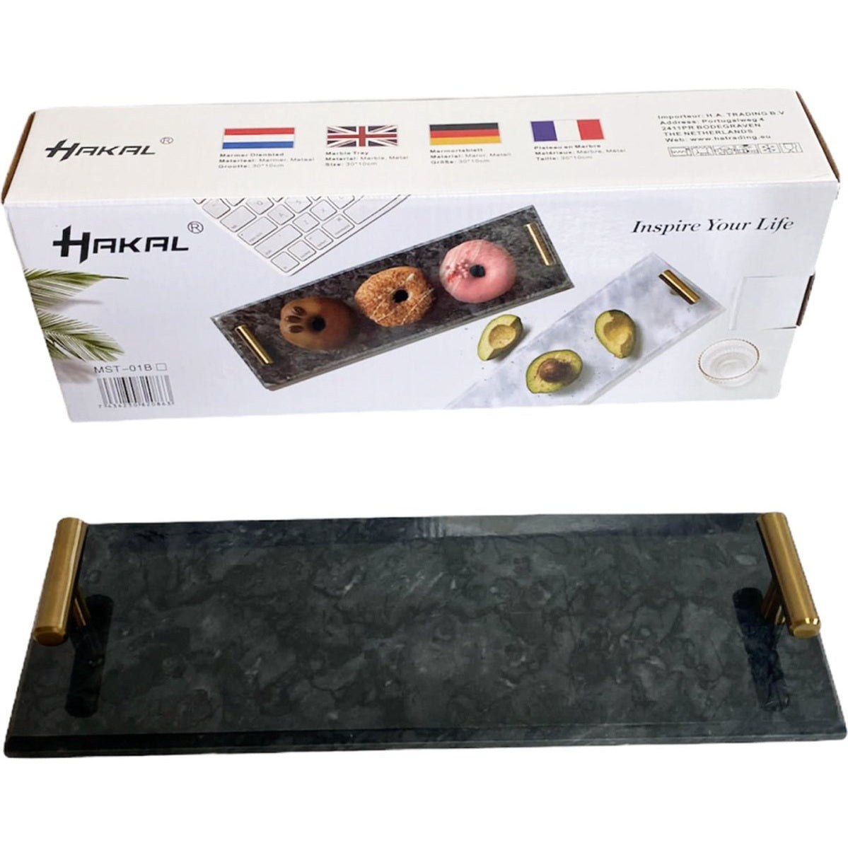 Marmeren dienblad met gouden handvatten, 40 x 14 cm