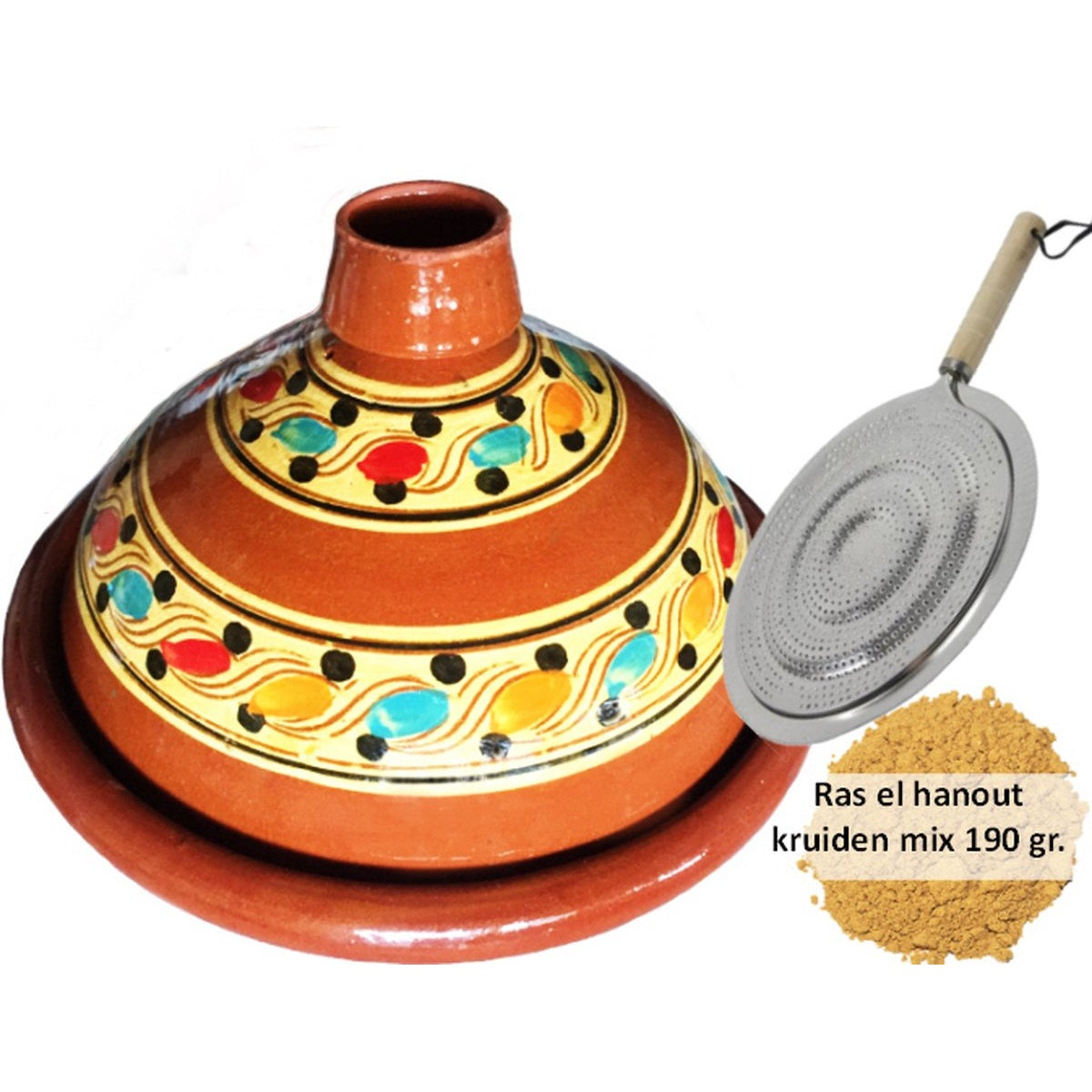 Marokkaanse authentieke aardewerk tajine 30 cm + Kruiden en vlamverdeler - cadeau pakket