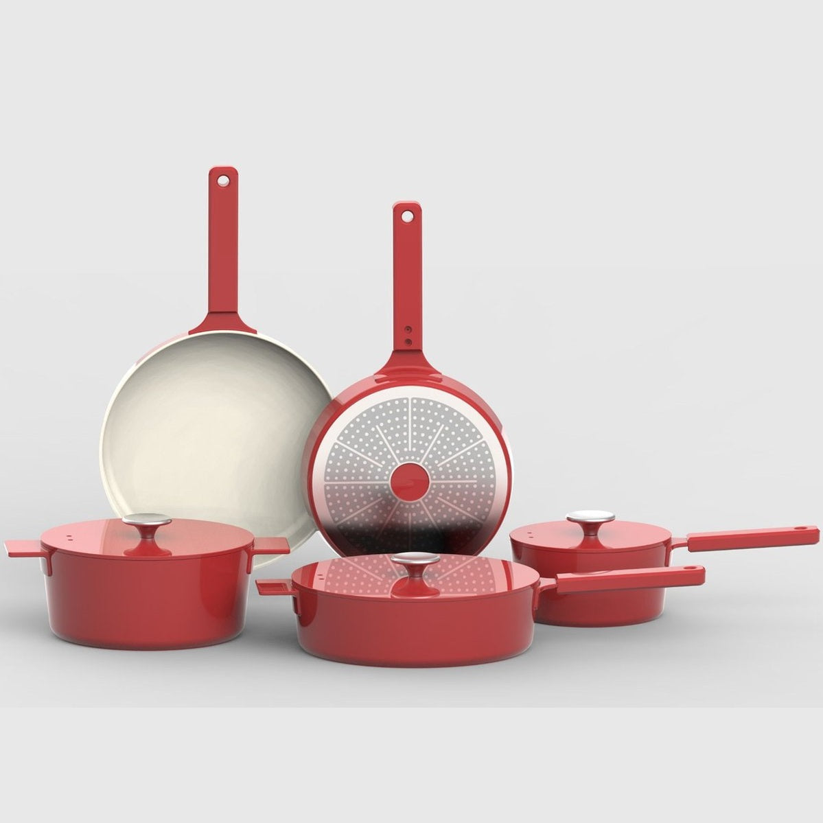 Pannenset van gegoten aluminium, 4-delig met kookgerei, rood