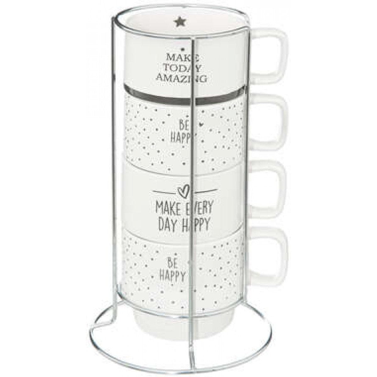 Mokkenrek met 4 mokken met tekst, wit en zwart (22 cl)