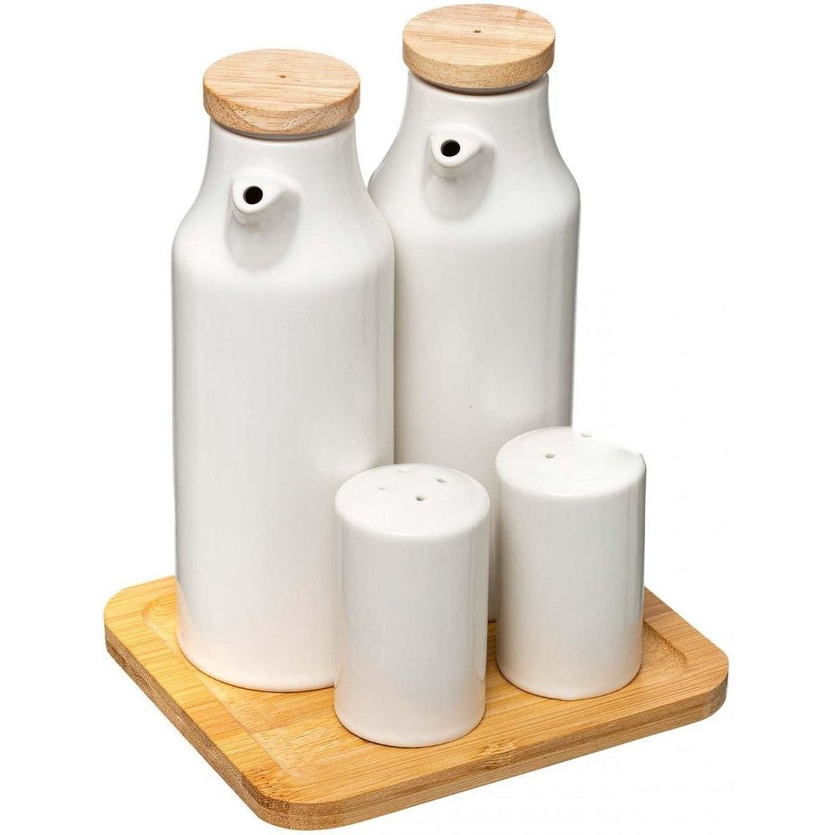 Olie- en azijnstel van keramiek met peper- en zoutstel