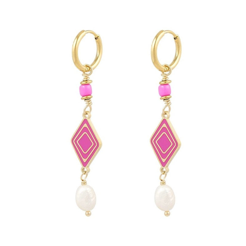 Hangende oorbellen Colorful Miracle, roze en goud, rvs
