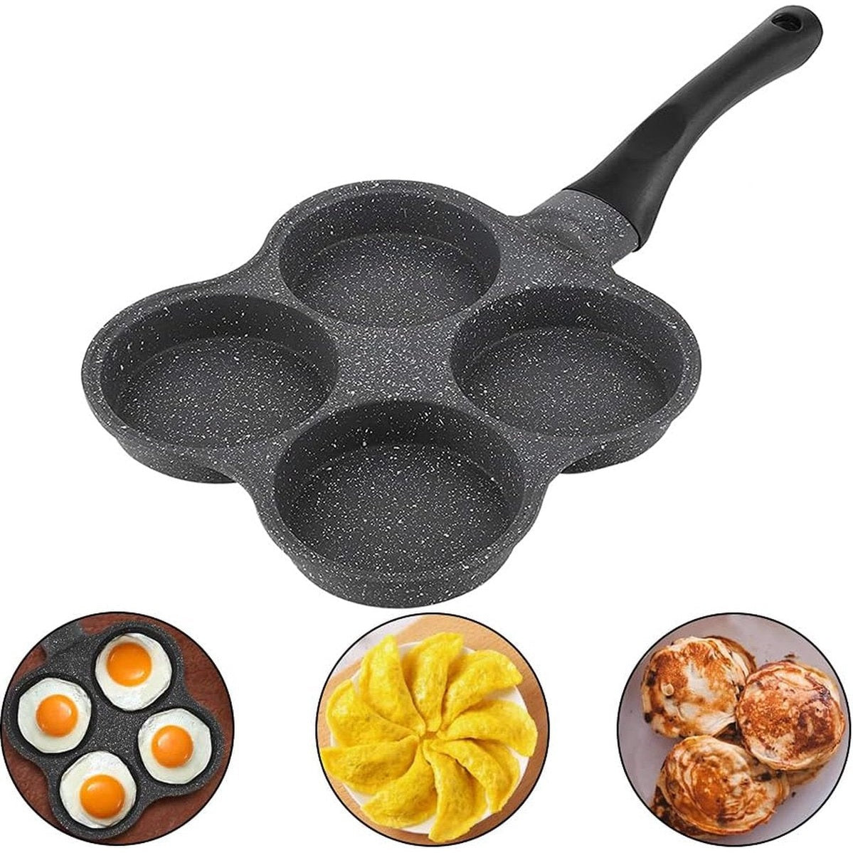 Pannenkoekenpan met 4 vakken voor eieren en burgers