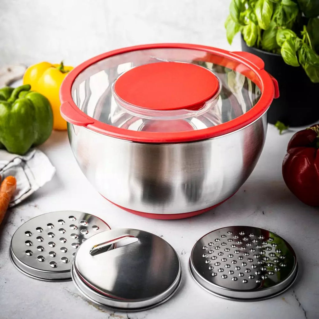 RVS mengkom met deksel, rood, 5 L, met 3 raspstanden (3)
