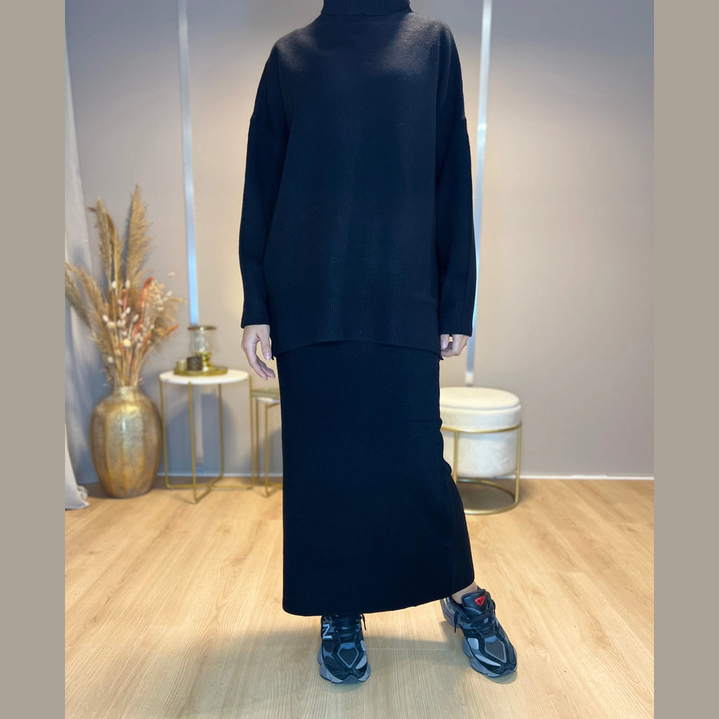 Syma twinset coltrui en gebreide rok, zwart (2)