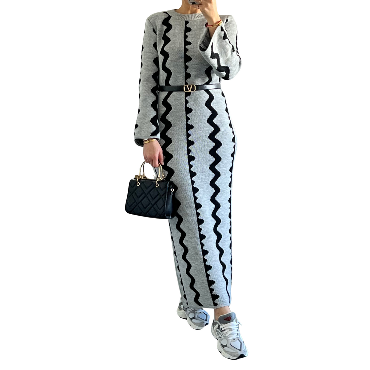 Sara gebreide maxi-jurk met zigzagpatroon, grijs