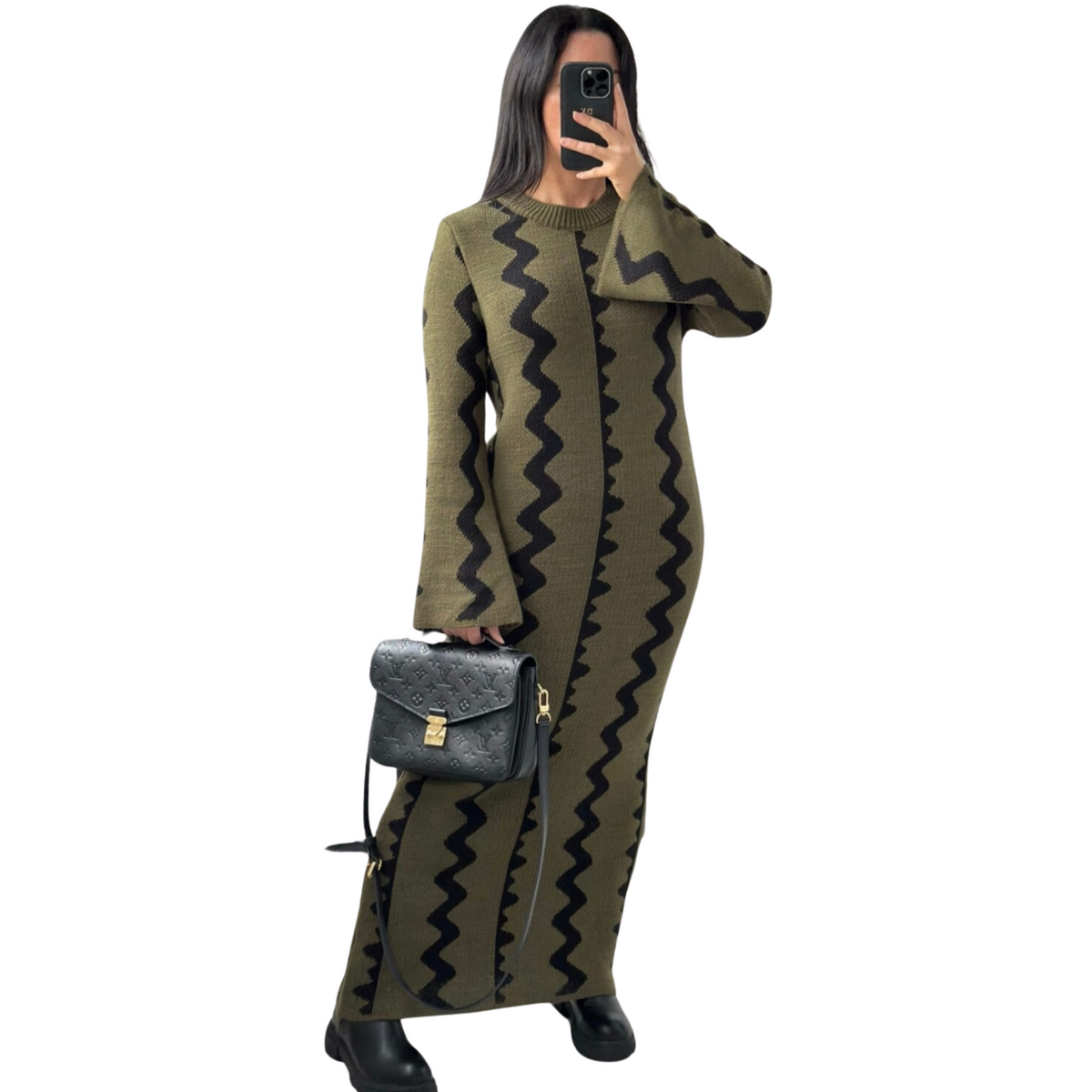 Sara gebreide maxi-jurk met zigzagpatroon, khaki