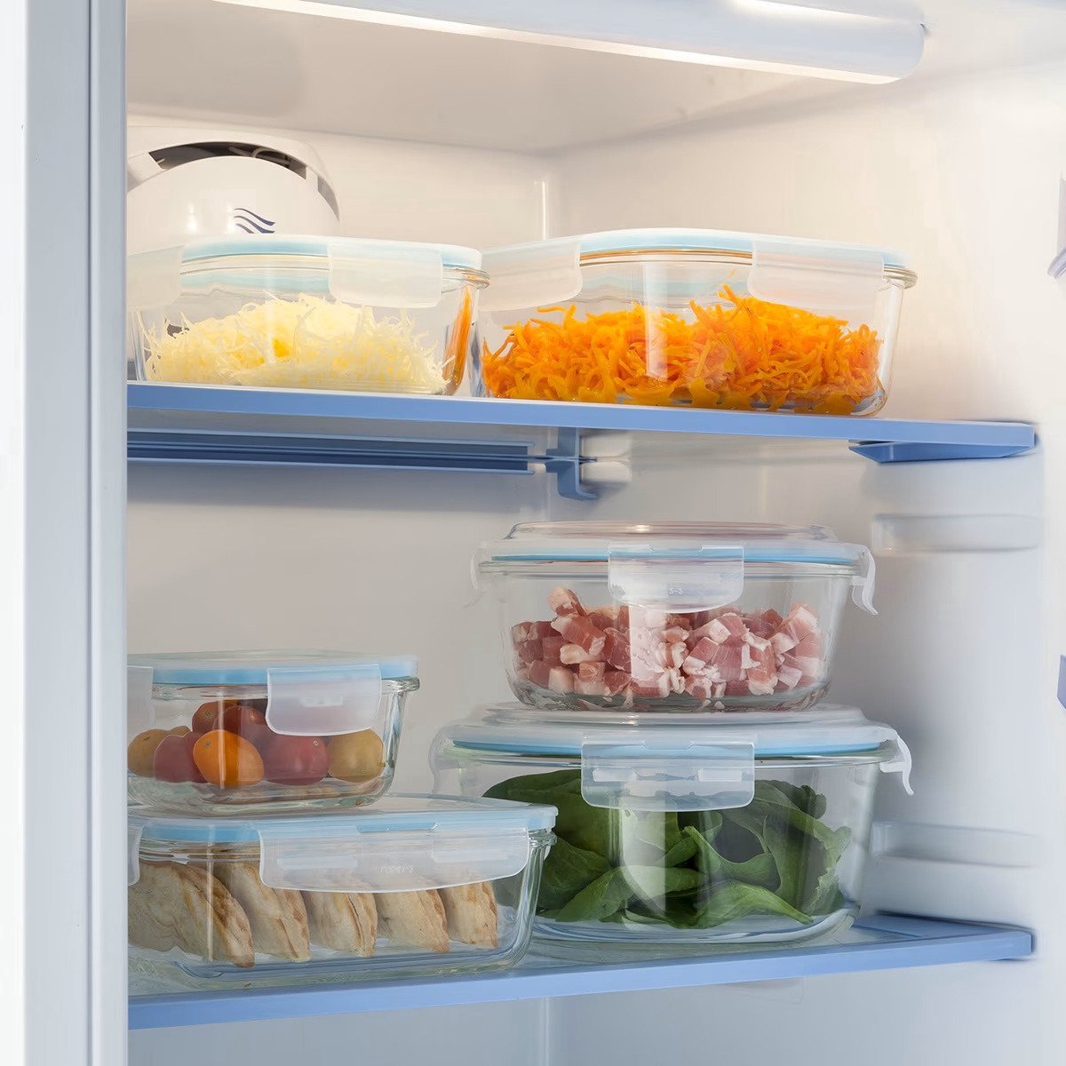 Glazen lunchboxen met lichtblauw randje, 800 ml, set van 2 (4)