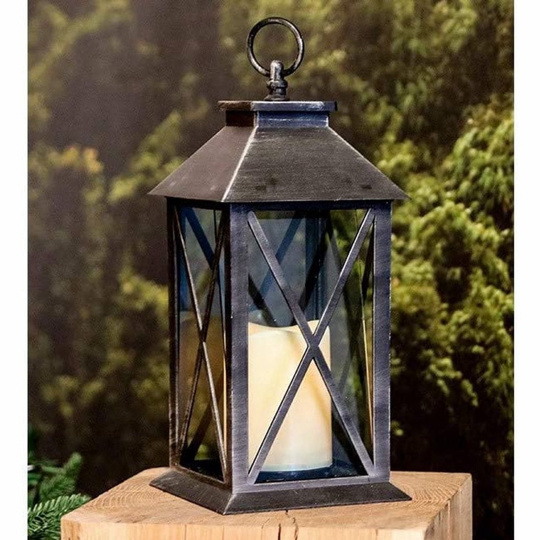 Set van 2 - Landelijke Tuinlantaarn met LED Kaars op Batterijen - Tuinverlichting / Sfeerverlichting - Zwart - Windlicht op Batterijen - Tafellamp voor Buiten met Vlameffect