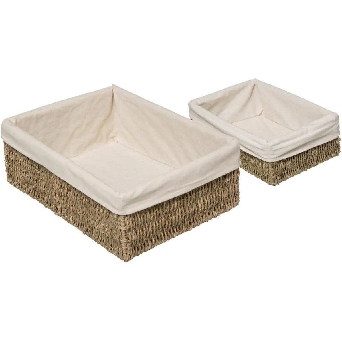 Gevlochten opbergmanden van zeegras met katoenen hoes, set van 2