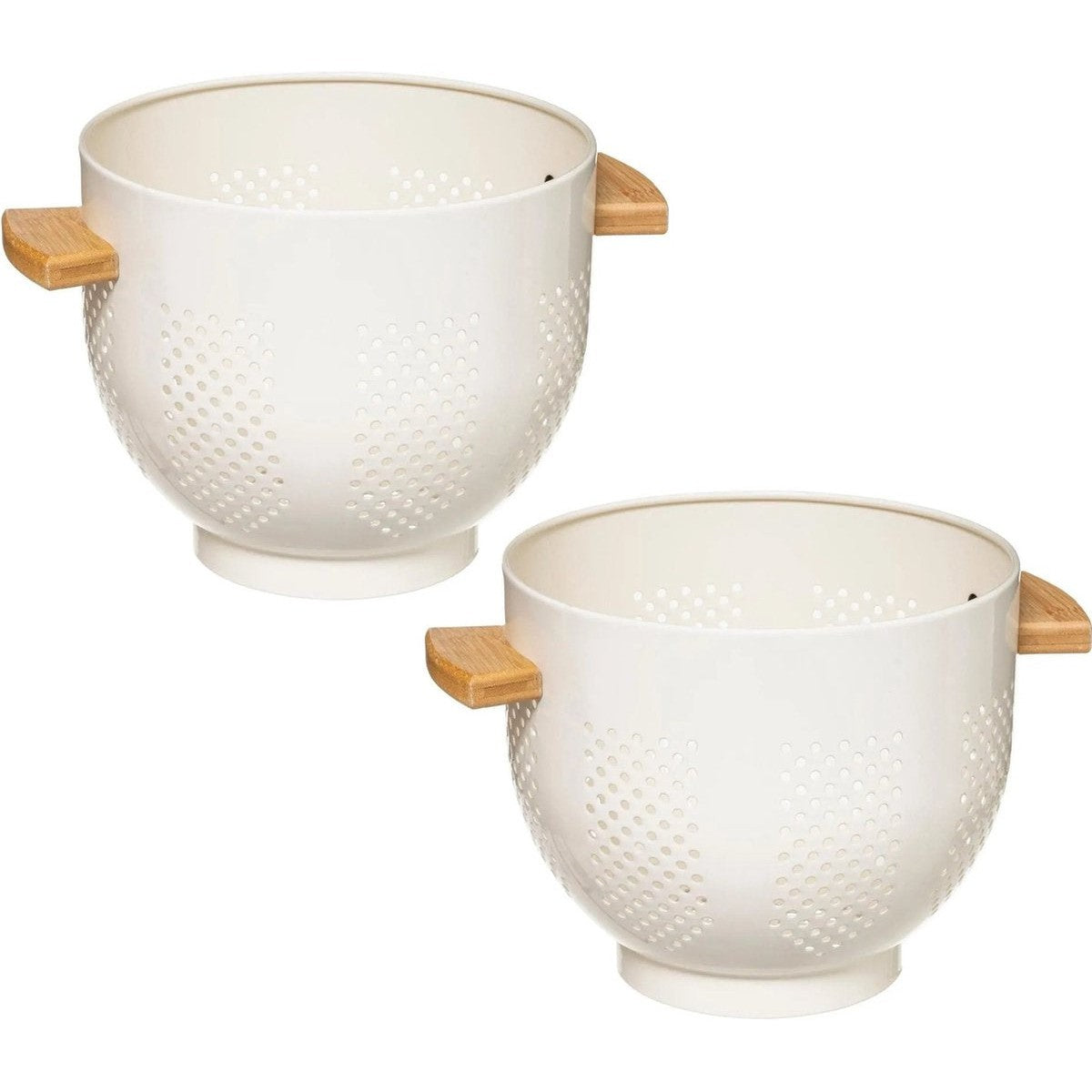Set van 2x stuks vergiet/zeef op voet wit 22 x 18,5 cm van ijzer met bamboe handvatten - Keukenvergieten