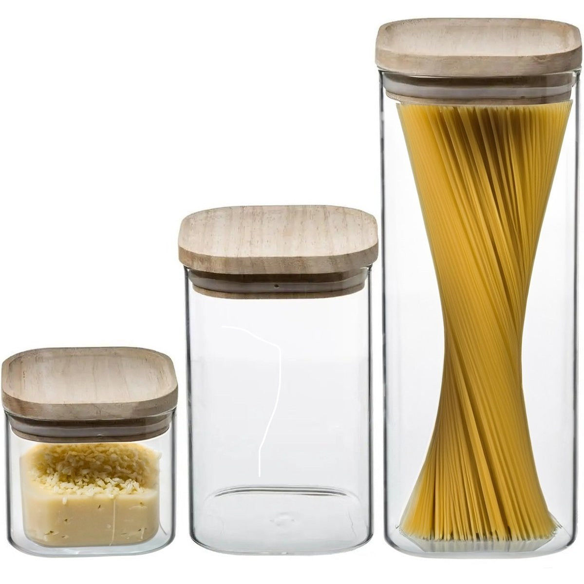 Voorraadpotten glas met houten deksel, set van 3 (0,5/1/1,8 L)