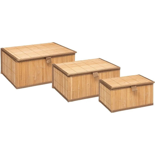 Set van 3x bamboe opbergdozen met deksel rechthoek bruin - Kast-/badkamer mandjes verschillende formaten