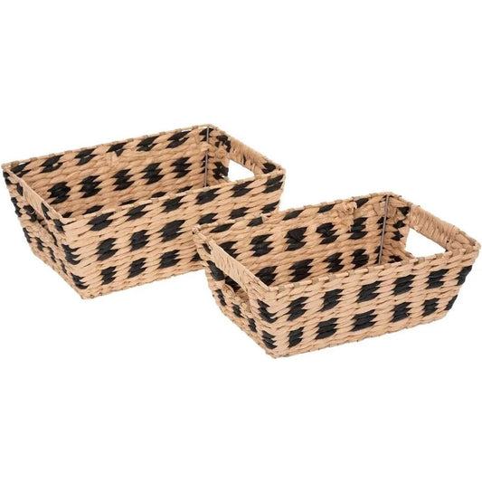 Set van 3x gevlochten rieten opbergmanden rechthoek beige/zwart - Kast-/badkamer mandjes verschillende formaten
