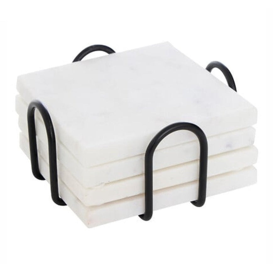 Marmeren onderzetters met zwarte houder, set van 4, 10 cm, wit (3)