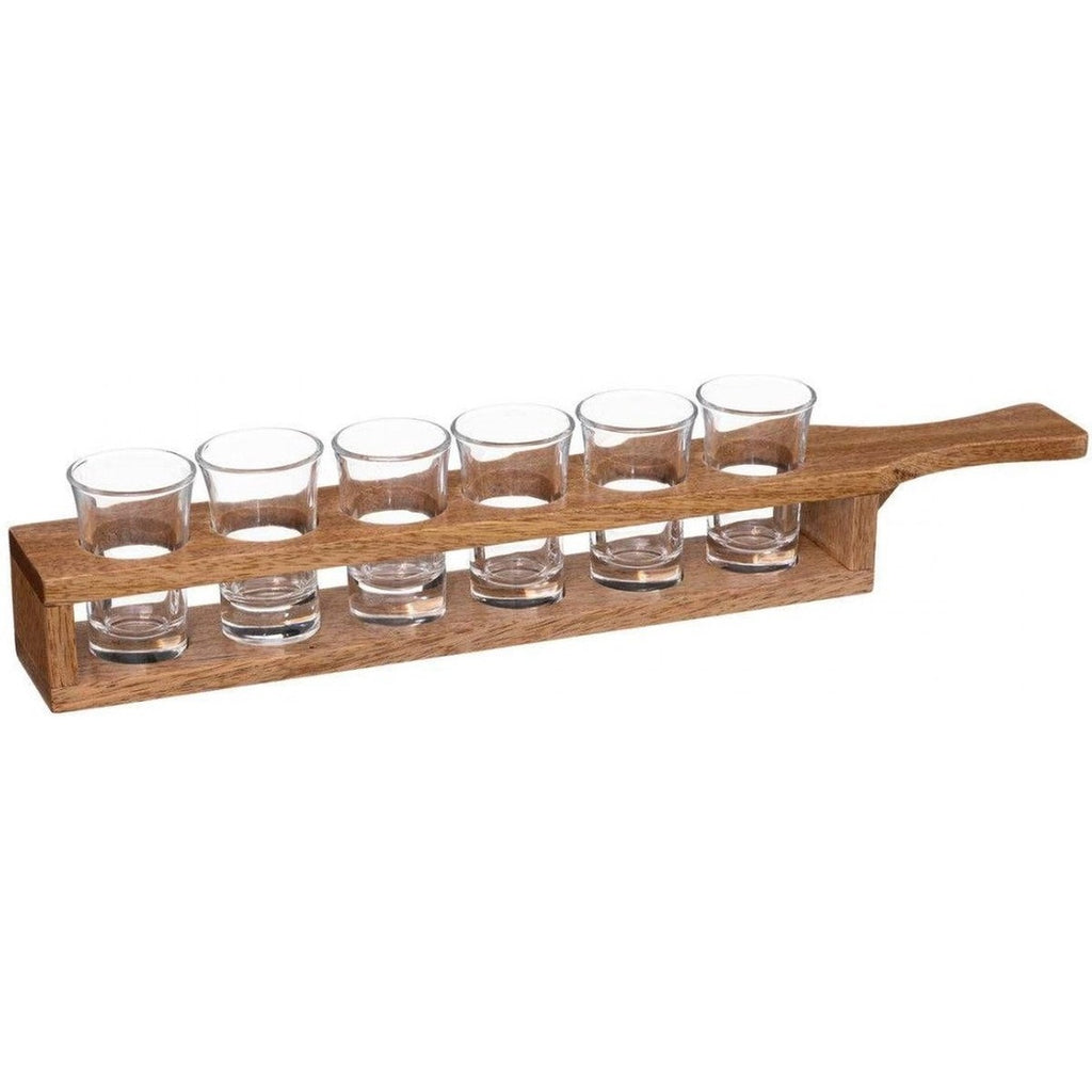 Shotplateau van hout en glas met 6 shotglaasjes