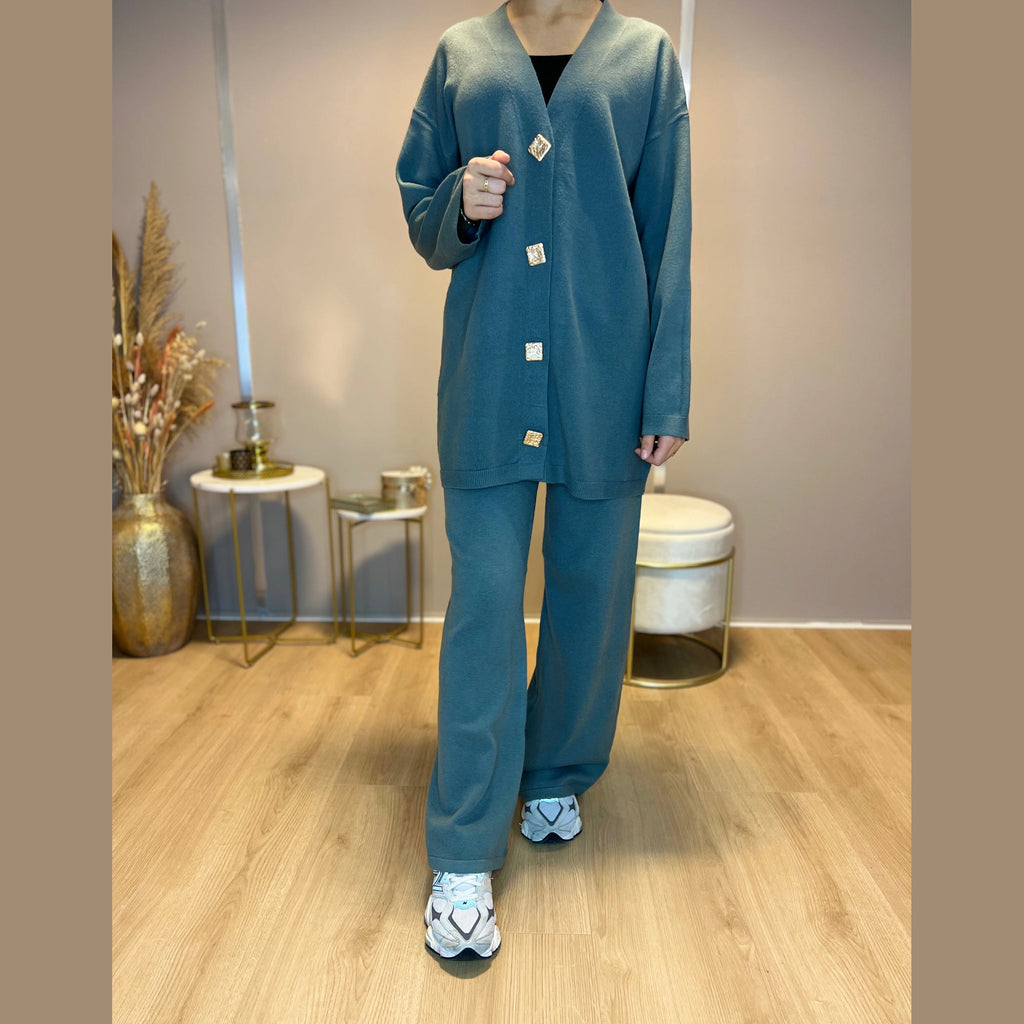Silvi twinset trui met knopen en losse broek, groen