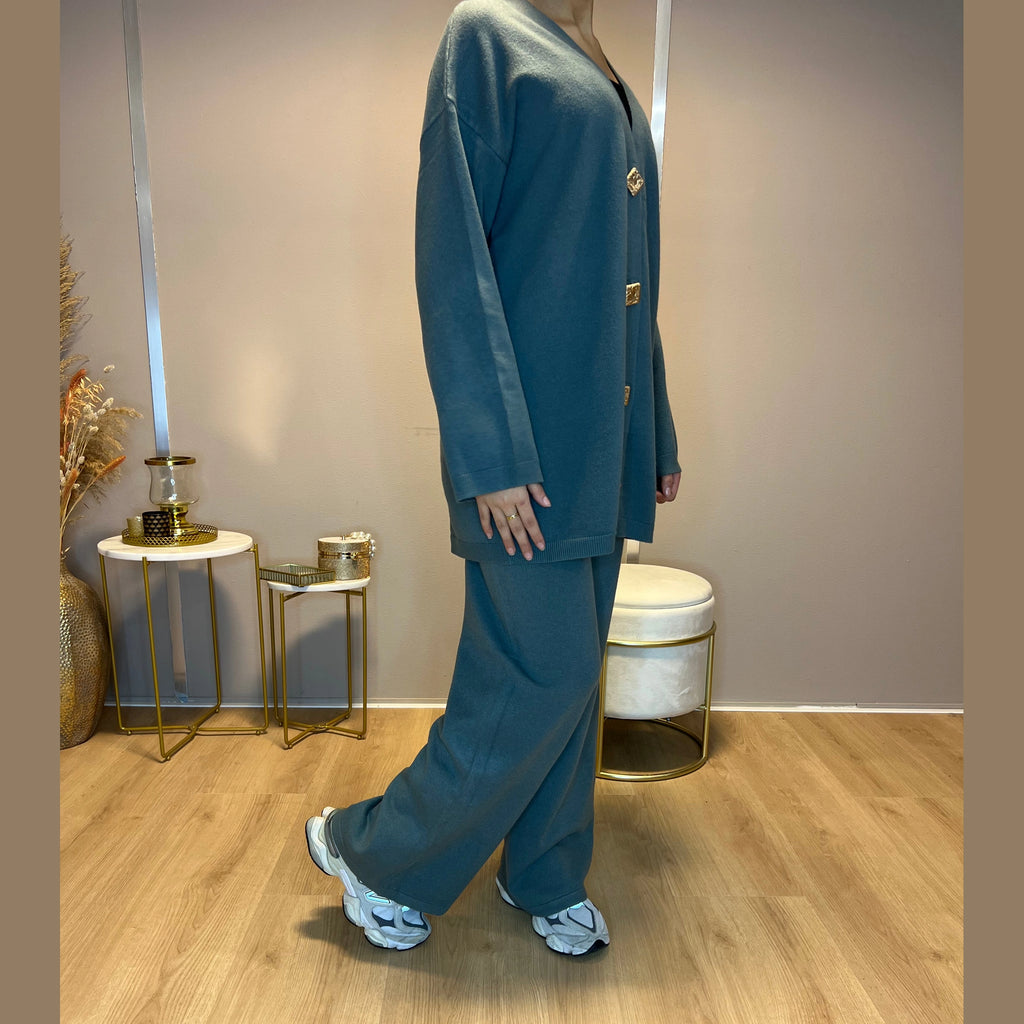 Silvi twinset trui met knopen en losse broek, groen (2)