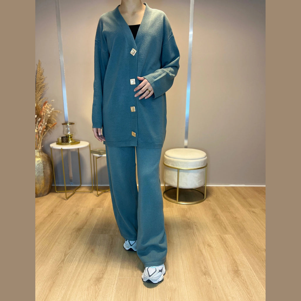Silvi twinset trui met knopen en losse broek, groen (3)