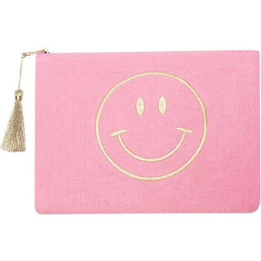 Smiley Make-up Tas - Roze Katoen Cosmetic Tasje (22x16 cm) - Met Kwastje & Borduursel - Ideaal voor Make-up, Sieraden of Reisaccessoires