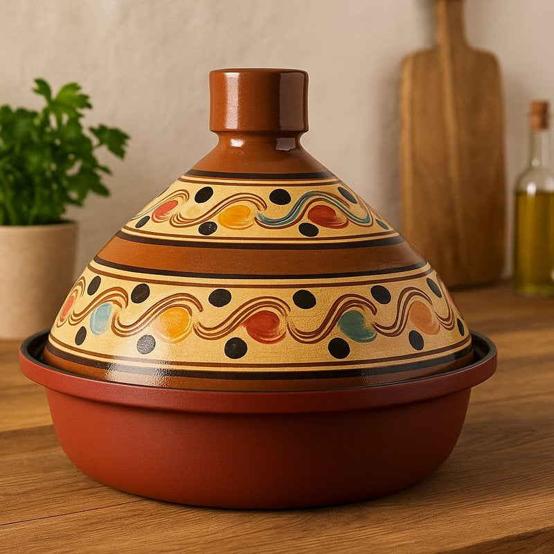 Tajine 30 cm – Handgemaakt Aardewerk &amp; Aluminium – Traditioneel Marokkaans – Rood/Bont - Geschikt voor alle warmtebronnen - Inclusief inductie