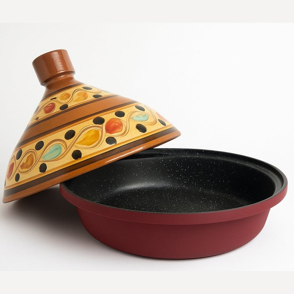 Tajine 30 cm – Handgemaakt Aardewerk &amp; Aluminium – Traditioneel Marokkaans – Rood/Bont - Geschikt voor alle warmtebronnen - Inclusief inductie