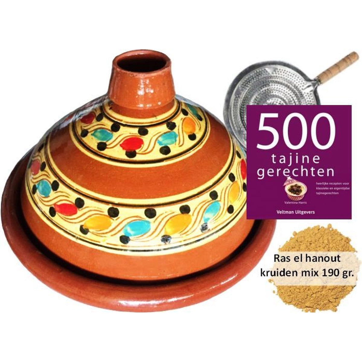 Tajineset voor 6 personen - 190 gr kruiden - incl. kookboek - vlammenverdeler