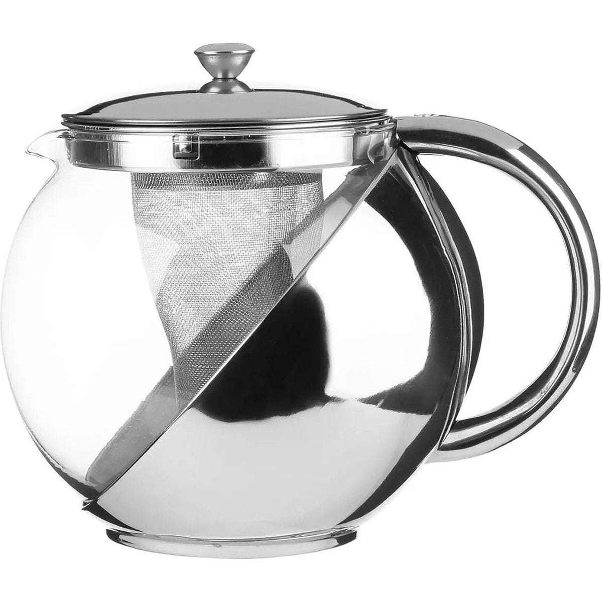 Theepot met filter, zilver, rvs en glas