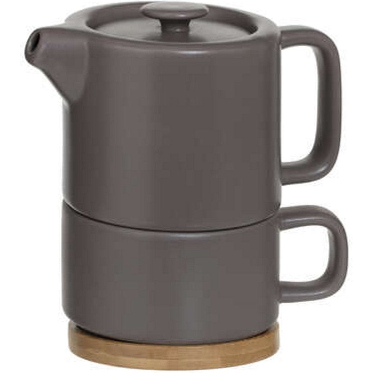 Theepot met kopje van grijze keramiek, taupe, bamboe onderzetter